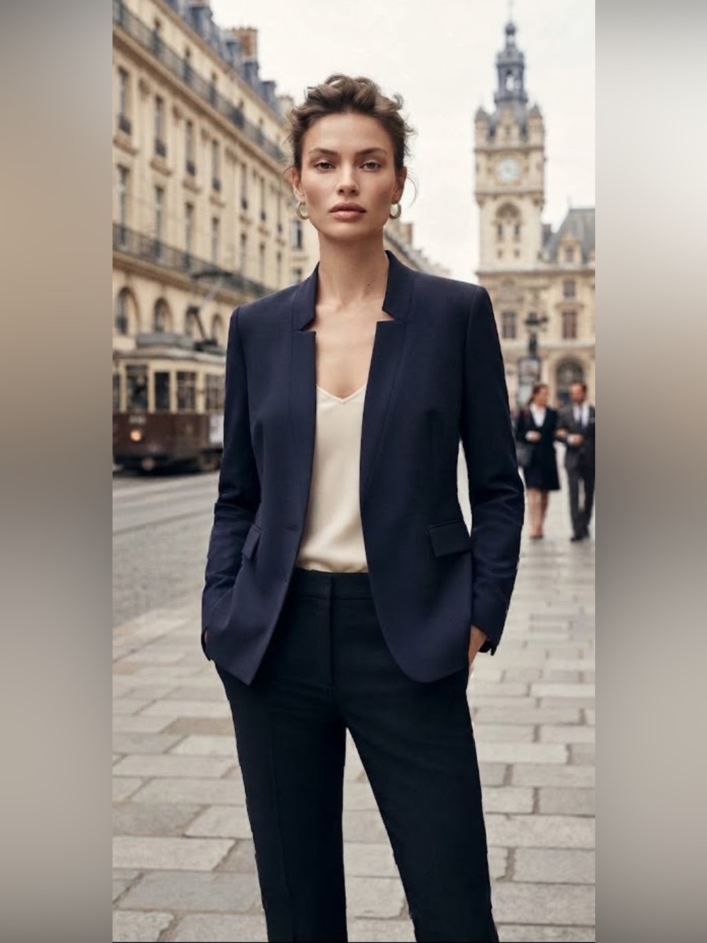 Vintage Ellen Tracy Navy Blue Deep V Plunge Blazer Tailored Minimalist Jacket
